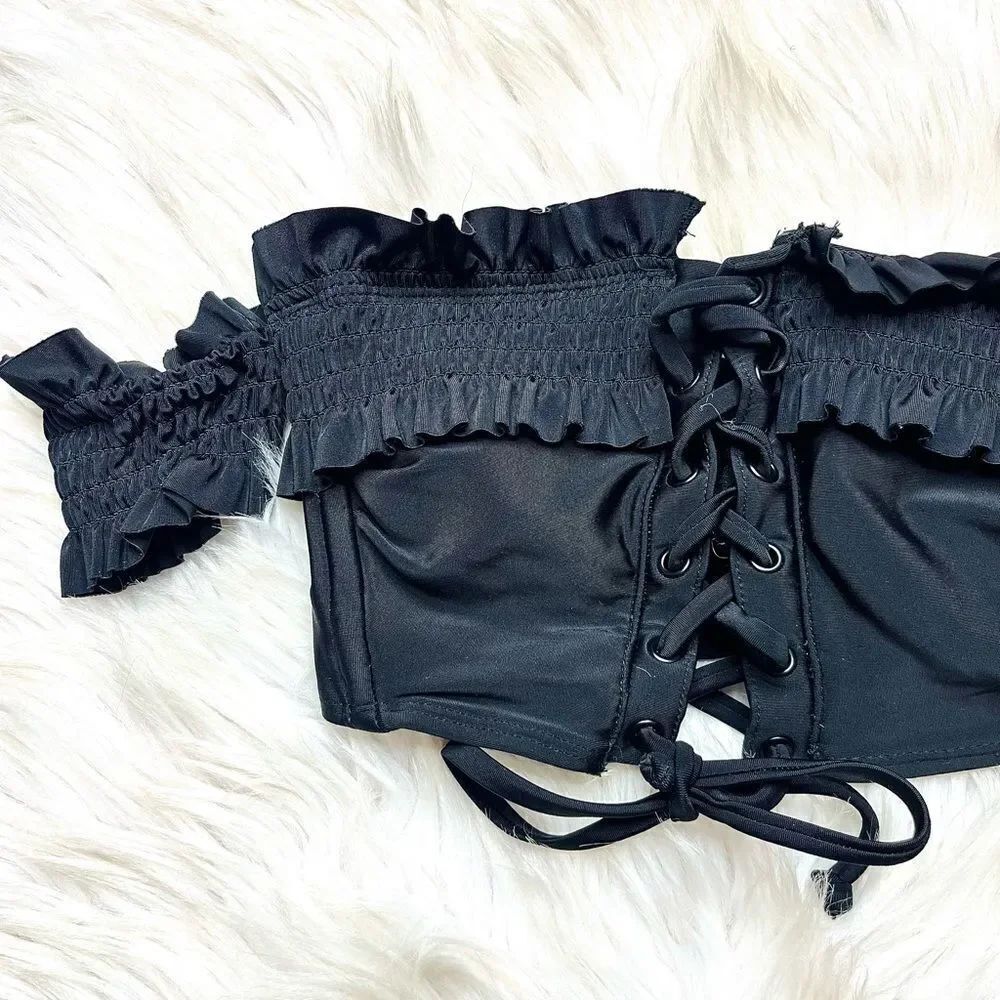 xhilaration Black Ruffled Off-Shoulder Bikini Top